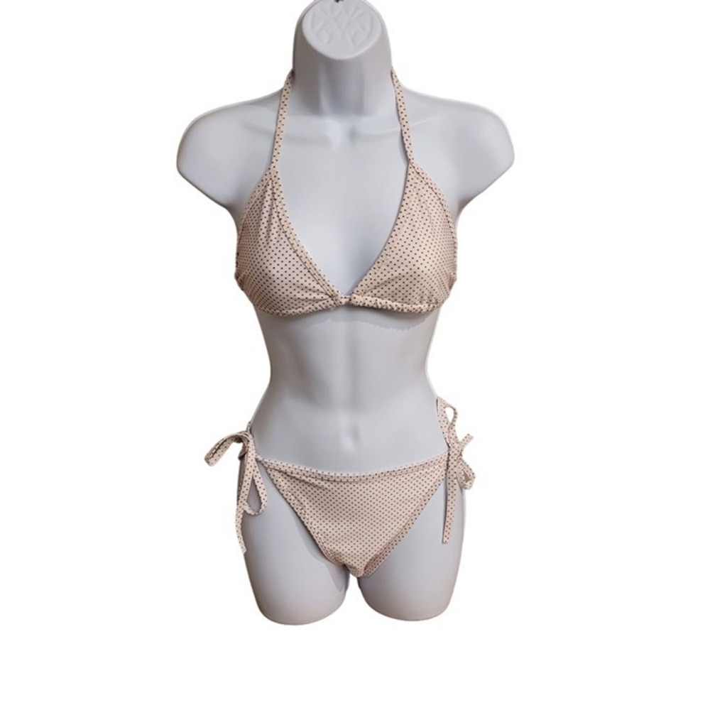 Light Pink Polka Dot Triangle Bikini Set Halter Top Side Tie Bottoms Swimwear